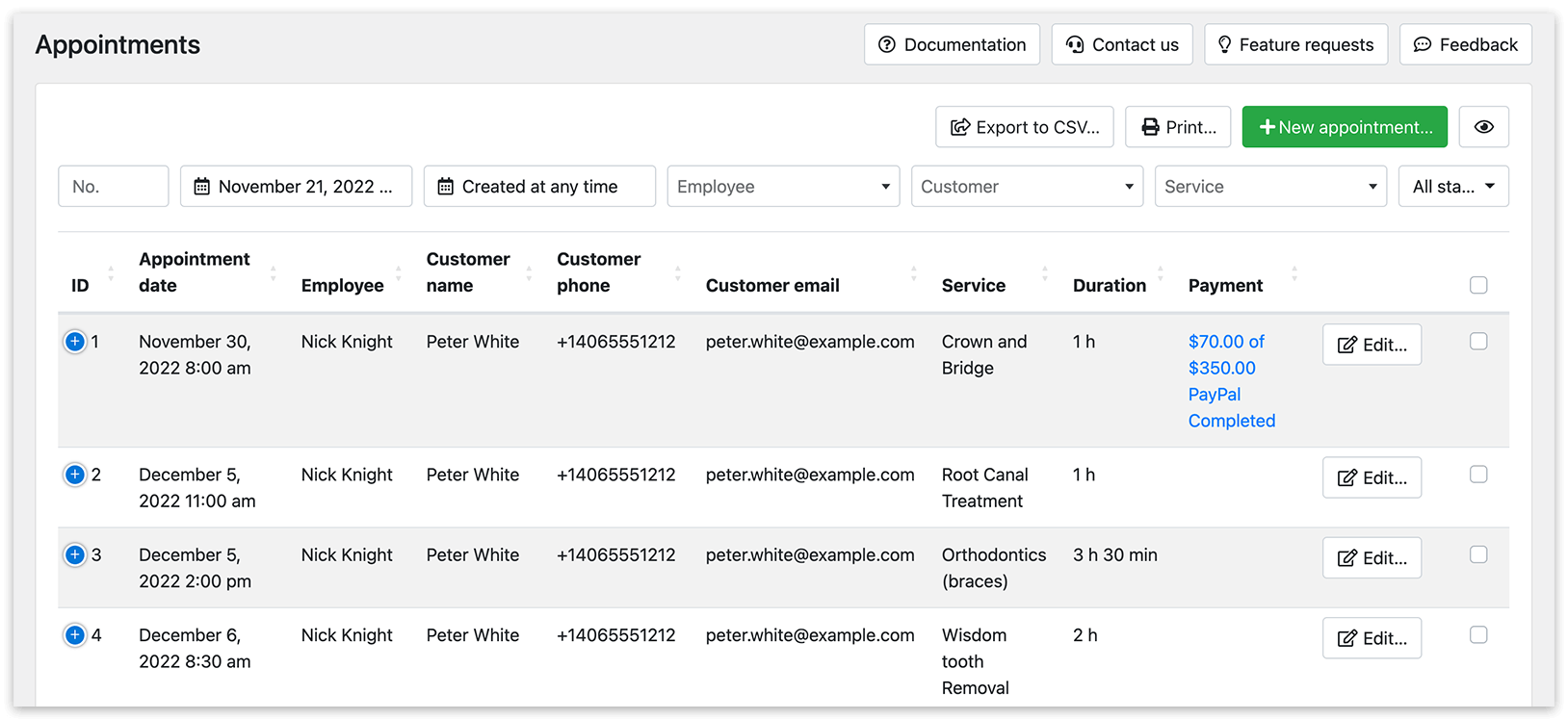 Appointments section in Bookly