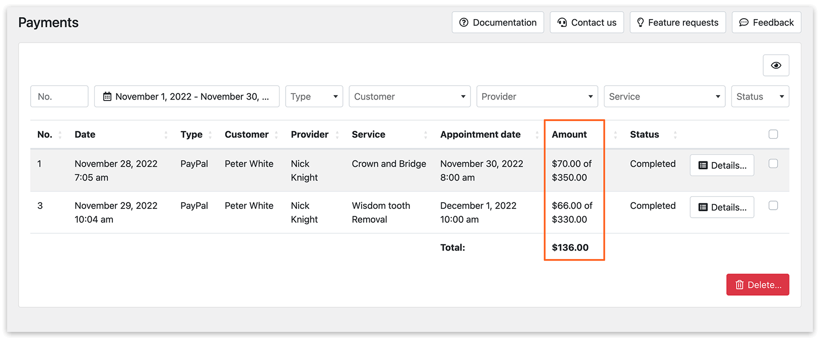 Payments section in Bookly