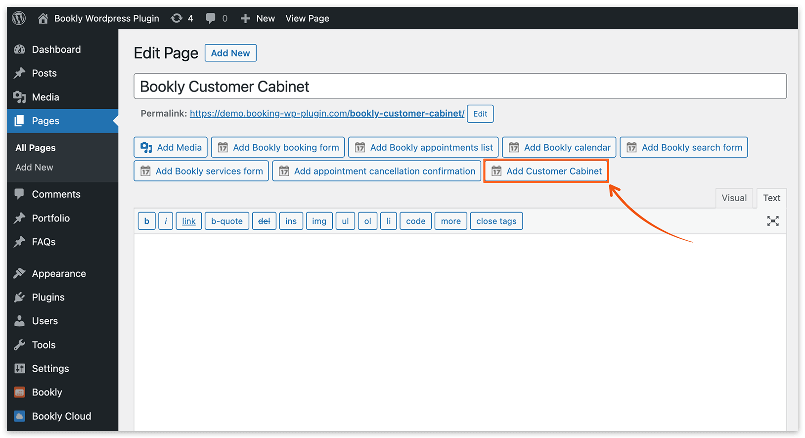 Create page with Customer Cabinet in WP Dashboard