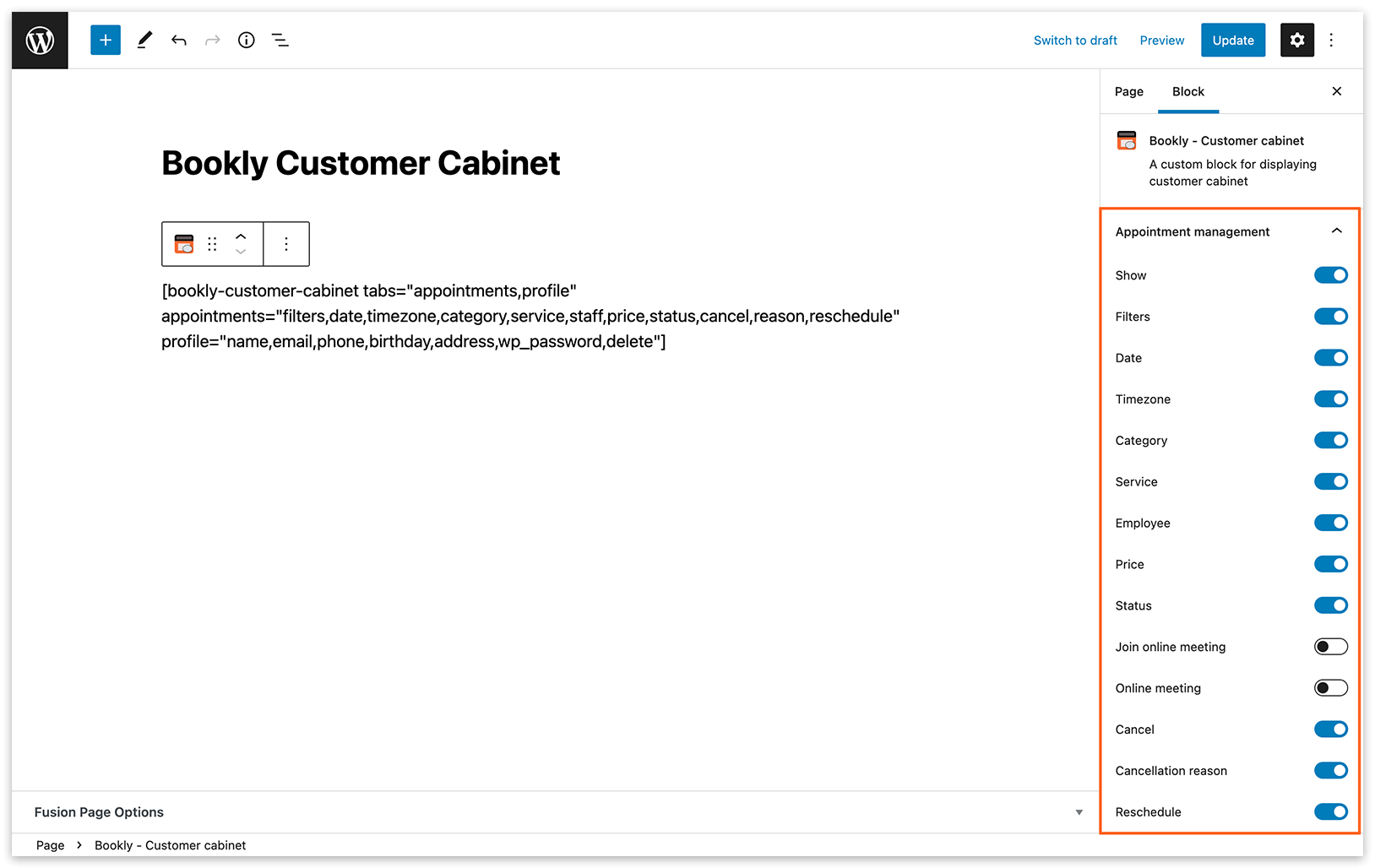 Add Customer Cabinet – options in Gutenberg editor