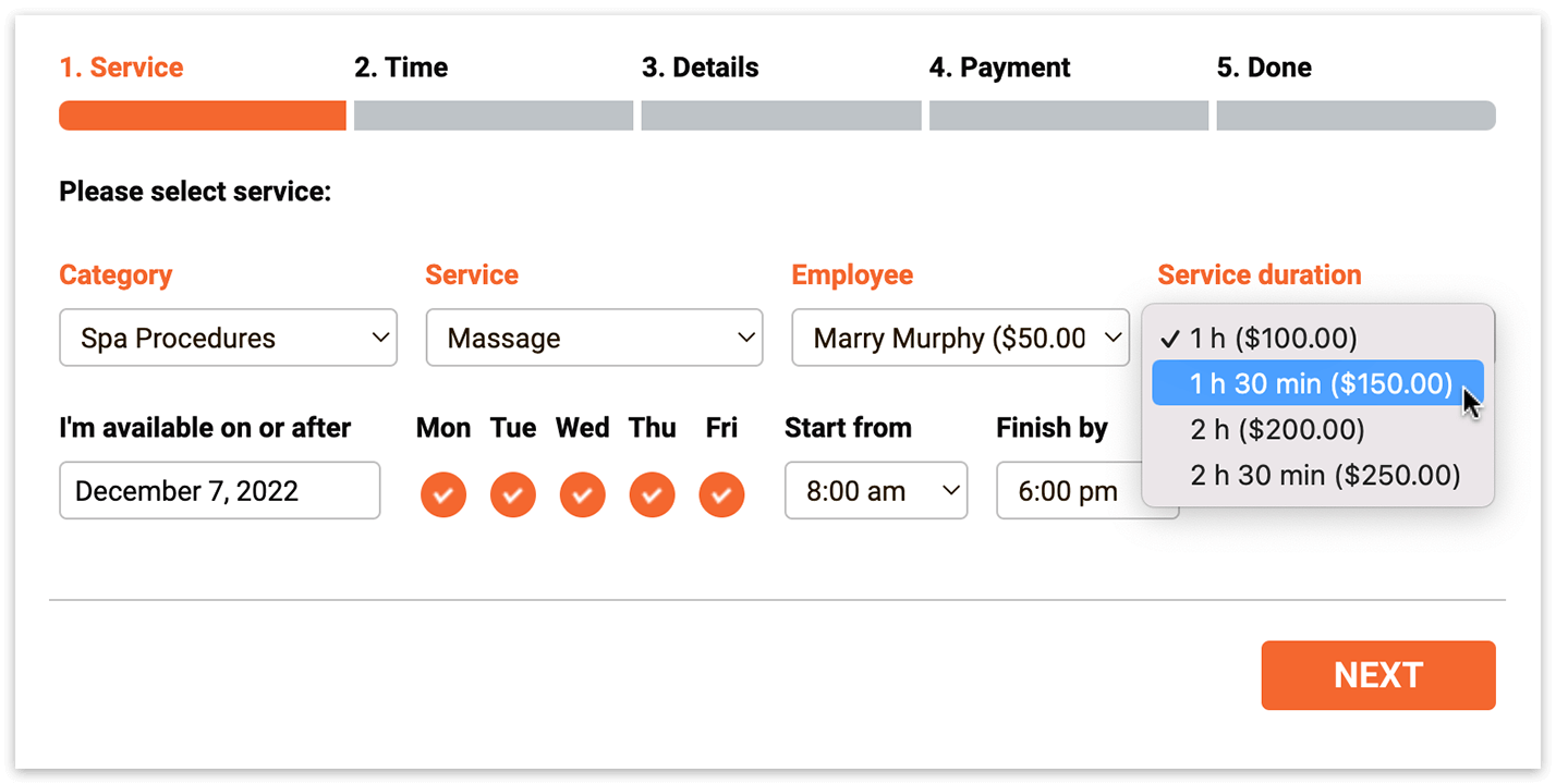 Bookly booking form – service with custom duration