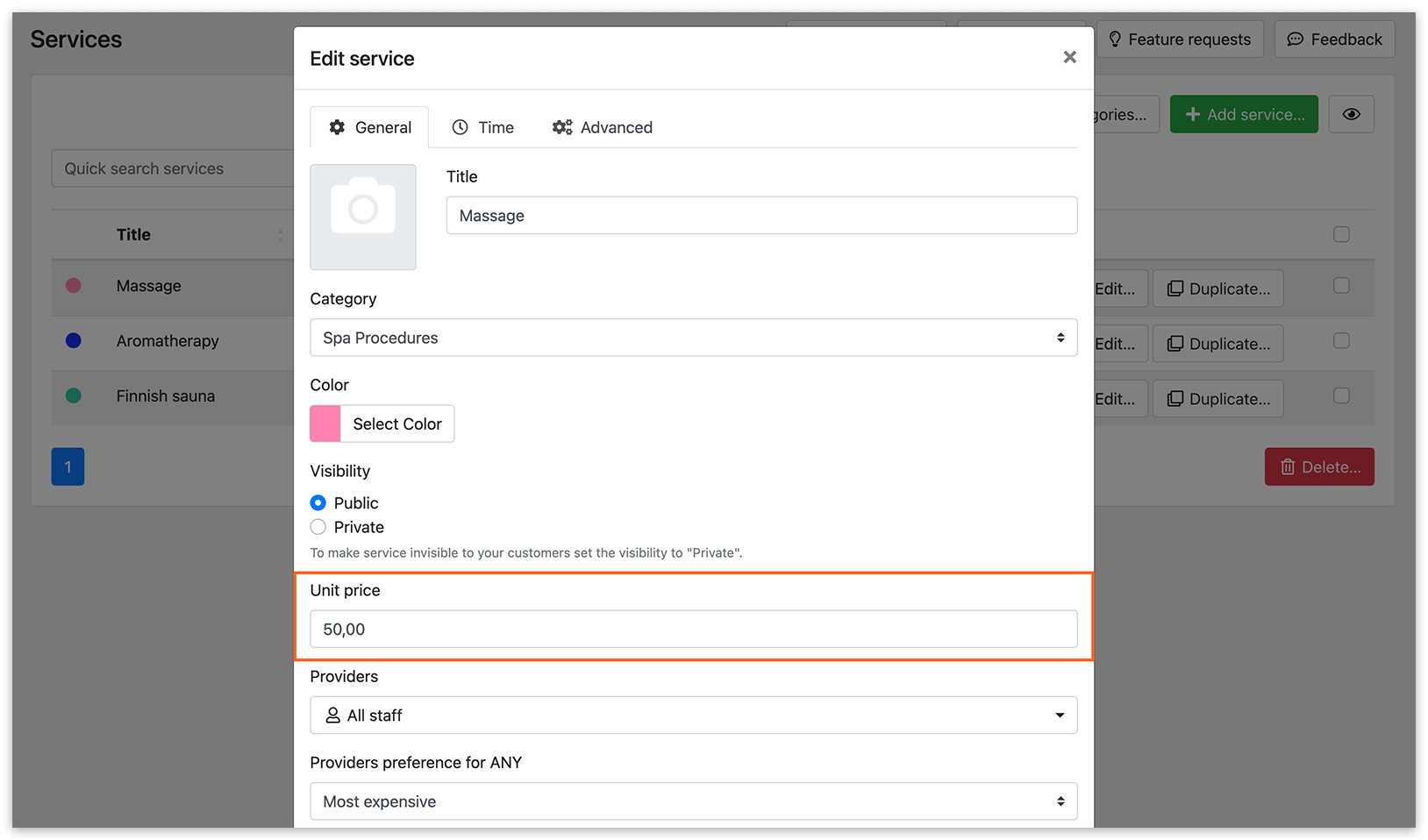 Services section in Bookly – unit price of the service