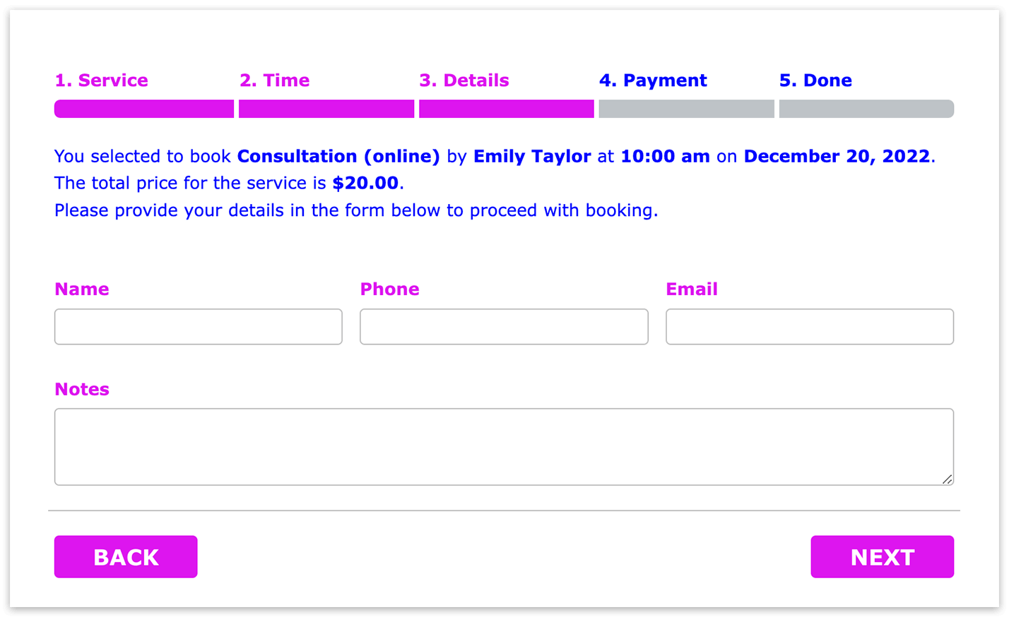 Bookly booking form