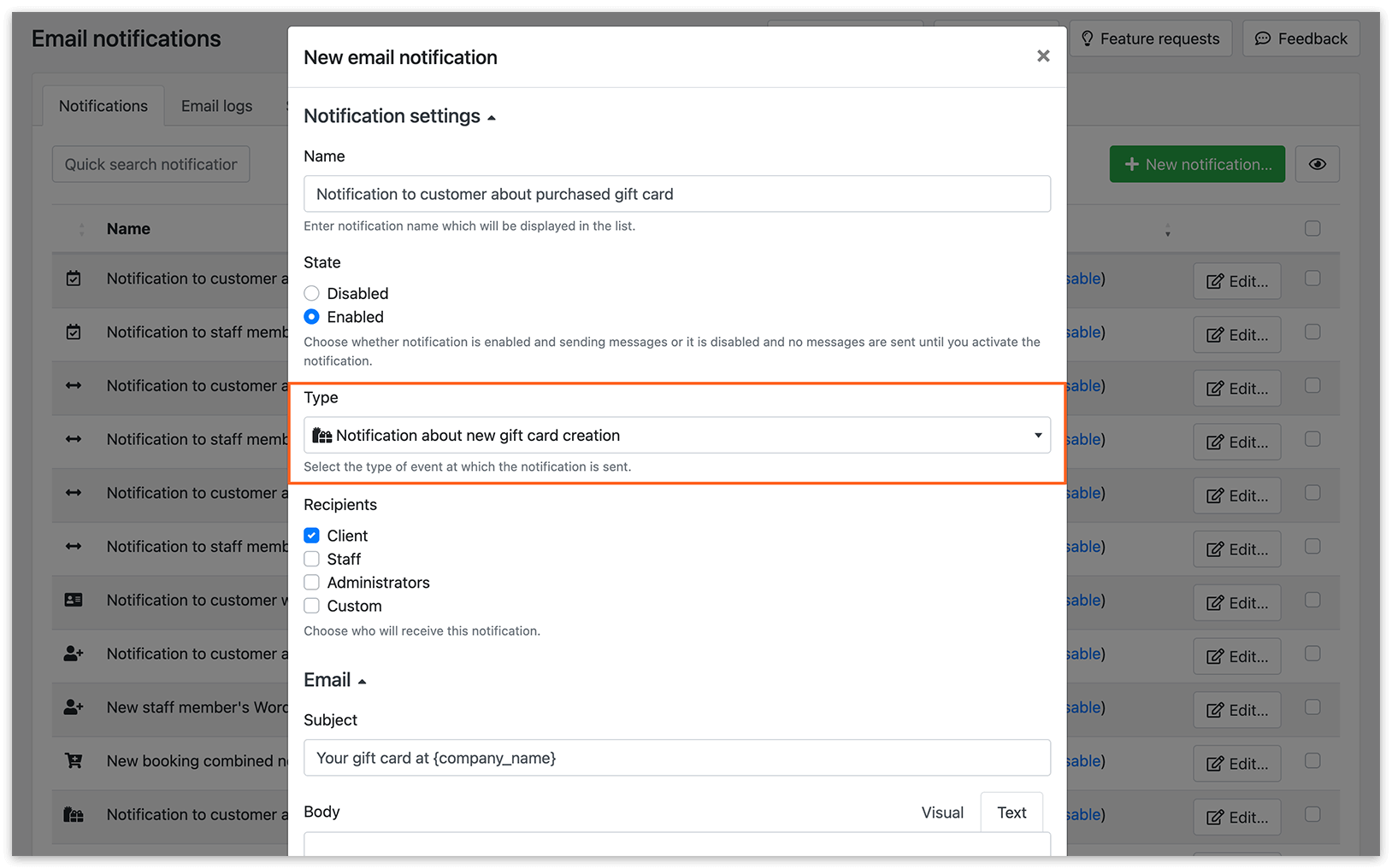 Email Notifications section in Bookly